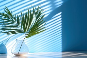 Palm tree with copy space on blue wall background, with shadow shade