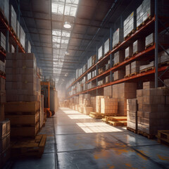 Some goods are placed on shelves in a large warehouse