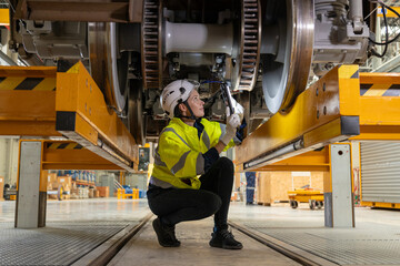 Engineer checks the spare parts list and maintains a mass transit locomotive in Asia. © Washburn