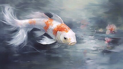 serene koi fish gliding gracefully in a tranquil pond. soft, soothing colors and delicate brushstrokes to capture the peacefulness and beauty of these elegant creatures
