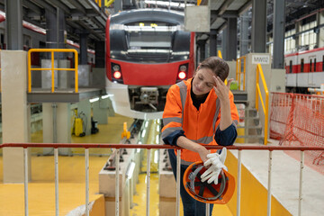 Fototapeta premium Two professional engineers checkmechanical check undercarriage of lifted electric train and maintenance of public transport trains in Asia