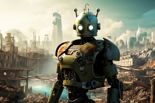 Steampunk Robot in a Steampunk Town. Generative AI.
A digital illustration of a steampunk robot looking over a steampunk town in the background.