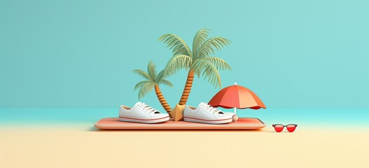 Fototapeta premium illustration cartoon, summer vacation holiday banner background with copy space, coconut tree with parasol and a pair of white sneaker, Generative Ai