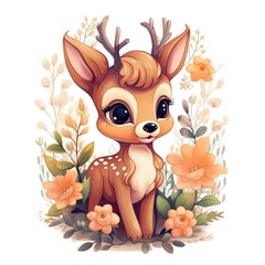 cute deer baby with flowers - illustration created using generative AI tools