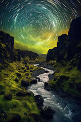 Iceland flora swirling night sky aurora borealis canyon. AI generative