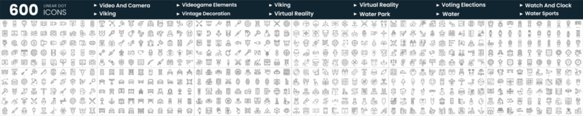 Set of 600 thin line icons. In this bundle include video and camera, viking, virtual reality, voting elections and more
