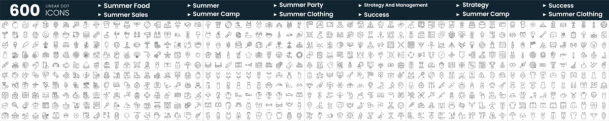 Set of 600 thin line icons. In this bundle include strategy and management, success, summer clothing, summer party and more