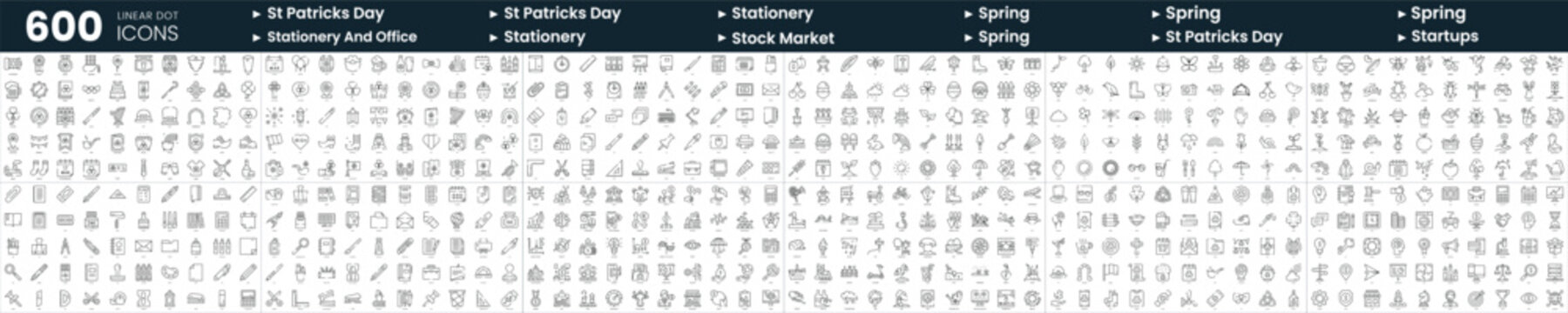 Set of 600 thin line icons. In this bundle include spring, st patricks day, stationery and office, stock market and more