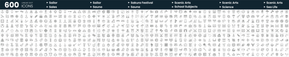 Set of 600 thin line icons. In this bundle include sailor, sales, scenic arts, science and more