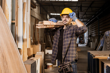 portrait hispanic indian confident worker work in construction site with wooden pile, wood furniture factory worker.