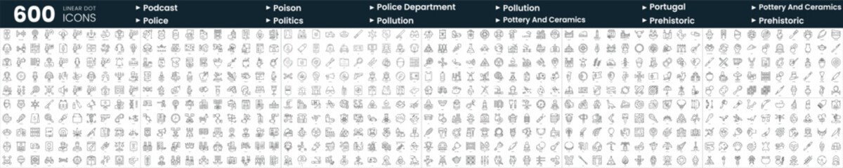 Set of 600 thin line icons. In this bundle include podcast, police department, politics, pollution and more