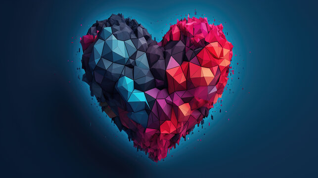 a beautiful polygonal heart with red and blue colors, ai generated image
