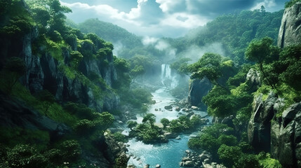 a wonderful beautiful wallpaper background illustration with a big waterfall and a lot of plants, ai generated image