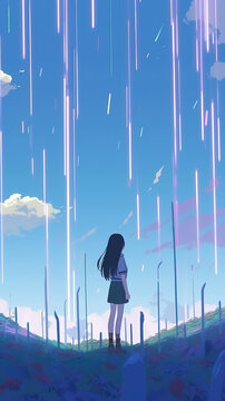 a cool epic phone screen wallpaper of an anime girl standing under falling stars, wonderful vertical artwork, ai generated image