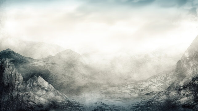 a watercolor inspired mountain wallpaper, foggy style, ai generated image