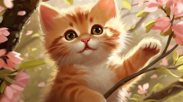 a cute young orange cat waving hello, asian cherry tree style, ai generated image