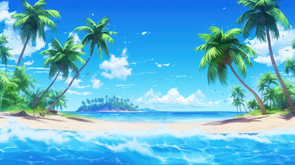 Obraz na płótnie Canvas beautiful clear blue water beach scene with palms, anime wallpaper, ai generated image