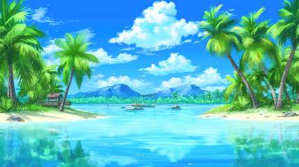 Fototapeta na wymiar a peaceful place on earth at a beach, clear blue water, anime wallpaper, ai generated image