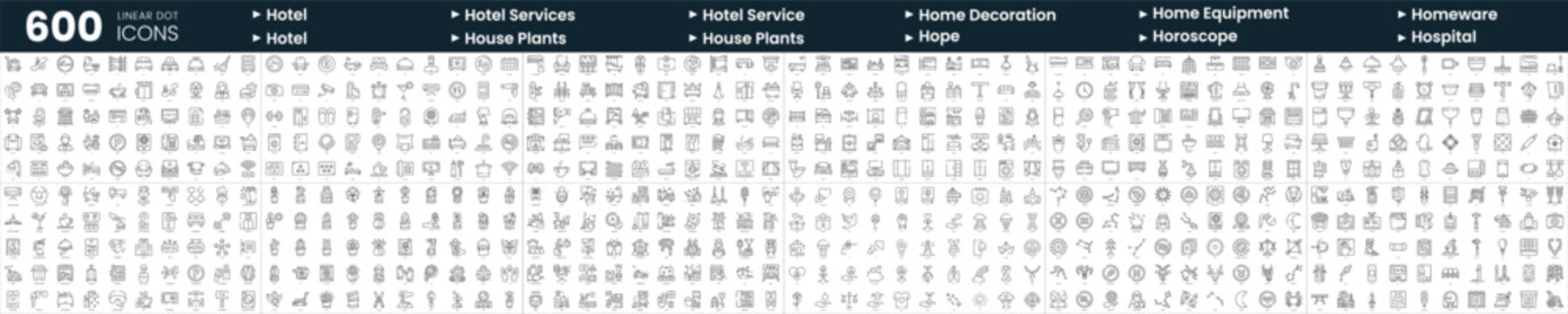 Set of 600 thin line icons. In this bundle include home decoration, homeware, horoscope, hotel and more