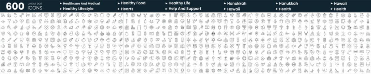 Set of 600 thin line icons. In this bundle include hanukkah, health, healthy food, healthy lifestyle and more
