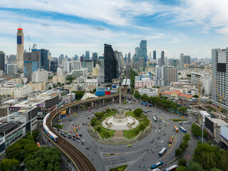Aerial shot taken from a drone of Victory Monument. is the center of Bangkok and the movement of...