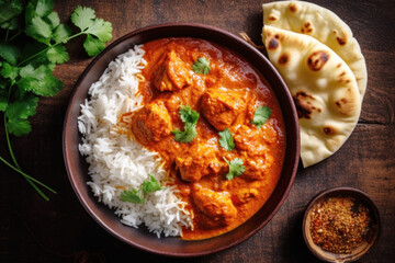 Tikka masala curry with tandoori chicken in a plate, with rice and naan bread on a dark background. - obrazy, fototapety, plakaty
