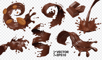 3D Chocolate splash isolate realistic vector eps set, pieces of chocolate bar, swirl and drop, wave, falling