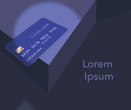 A generic mock credit card rest on a dark blue geometric background in a 3-d illustration about bank cards. Text area or copy space also in the image area.