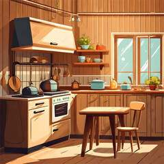 Illustration of a kitchen interior with furniture