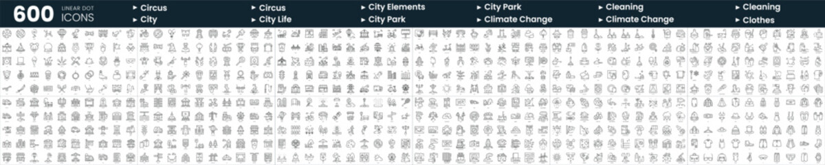 Set of 600 thin line icons. In this bundle include circus, city, city park, cleaning and more