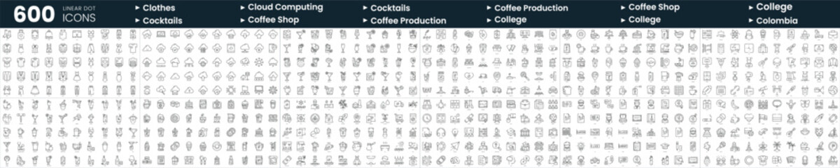 Fototapeta na wymiar Set of 600 thin line icons. In this bundle include clothes, cocktails, coffee production, coffee shop and more