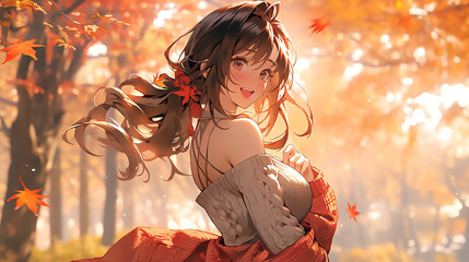 hand drawn beautiful autumn girl illustration