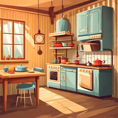 Illustration of a kitchen interior with furniture