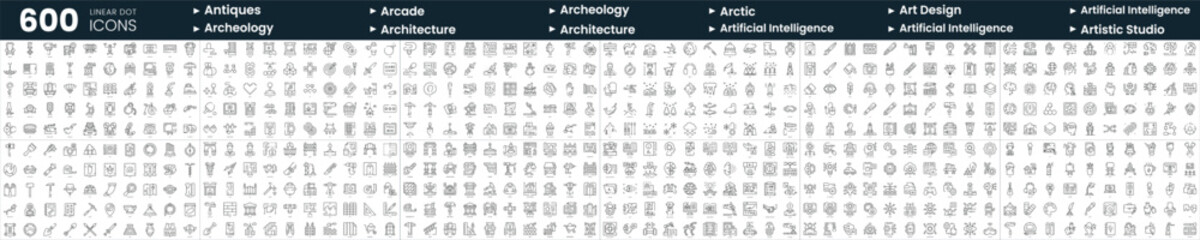 Set of 600 thin line icons. In this bundle include antiques, archeology, arctic, artificial intelligence and more