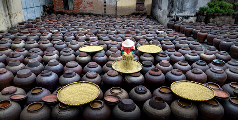 Traditional soy sauce factory, where soya beans are fermented to produce the soy sauce which is...
