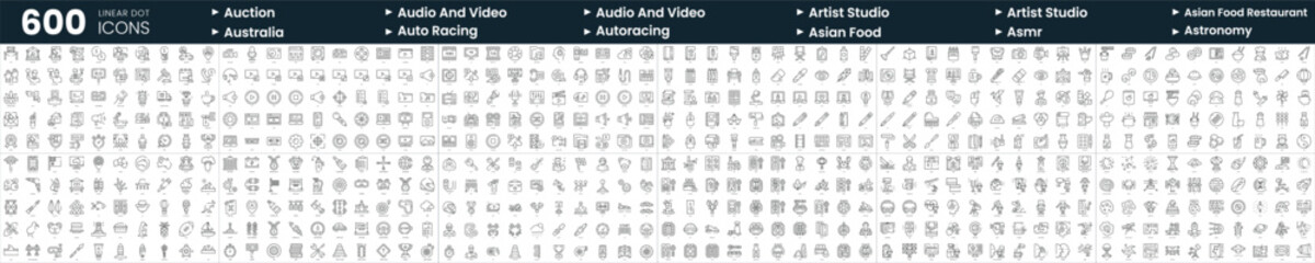 Fototapeta na wymiar Set of 600 thin line icons. In this bundle include artistic studio, asian food restaurant, astronomy, audio and video and more