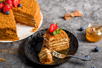Honey cake. Homemade baking concept