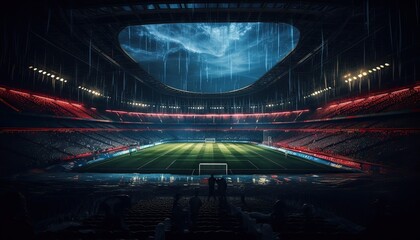 Obraz premium Generative AI illustration of a breathtaking view from inside the stadium, showcasing the vibrant lights and dynamic energy of a game in progress