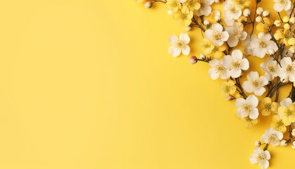 Generative AI illustration of many small beautiful yellow flower blossoms on yellow pastel background with copy space