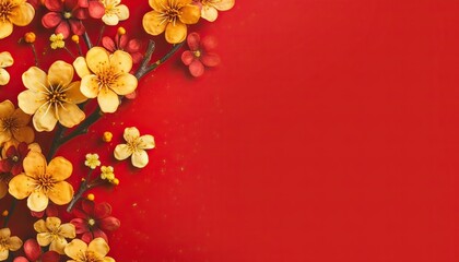 Generative AI illustration of many small beautiful yellow flower blossoms on red pastel background with copy space.