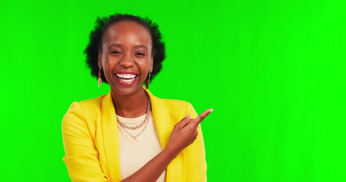 Green screen, presentation or happy black woman with finger pointing to announcement, news or promo. Review, show or African female person with discount deal, coming soon or info on mockup background