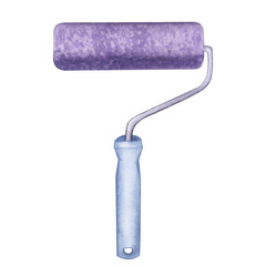 Paint roller, blue handle, repair tool, violet color. Decorating and designing interior, repainting walls. Hand drawn watercolor illustration isolated transparent background