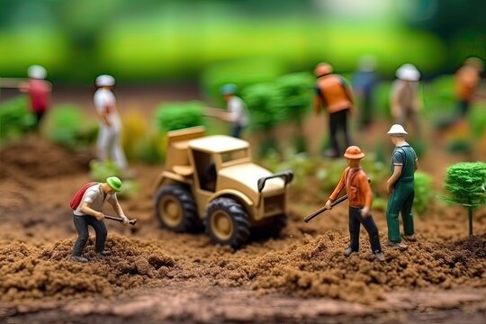 Generative AI illustration of miniature people, team farmer work with concept agriculture, business concept