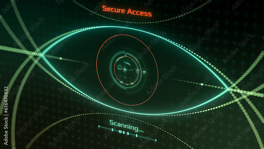 Poster futuristic biometric access, eye scan and recognition hud, secure access, cyber security (3d render)