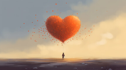 Fototapeta premium a cute person is standing alone holding a giant ballon heart, ai generated image