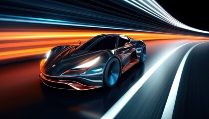 Generative AI illustration of a modern sports car racing through a dark curve