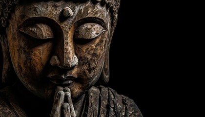 Generative AI illustration of rock and wooden buddha statue on black background