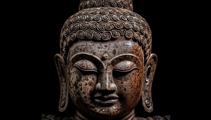 Fototapeta na wymiar Generative AI illustration of rock and wooden buddha statue on black background