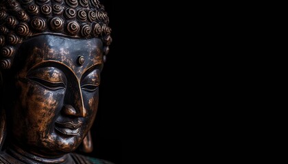 Fototapeta na wymiar Generative AI illustration of rock and wooden buddha statue on black background
