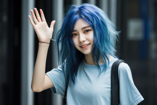 Street portrait of a fictional Japanese teenager girl with dyed blue hair waving hand to say hello. Generative AI illustration.